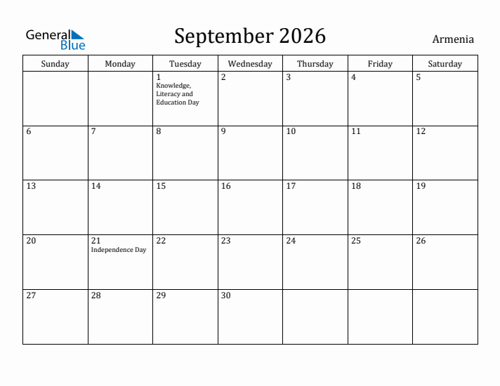 September 2026 Calendar Armenia