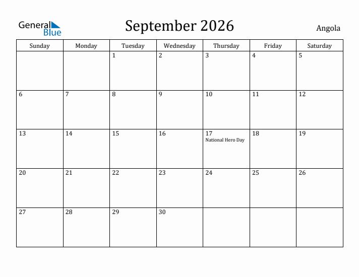 September 2026 Calendar Angola