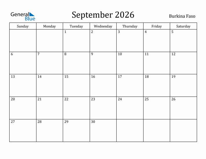 September 2026 Calendar Burkina Faso