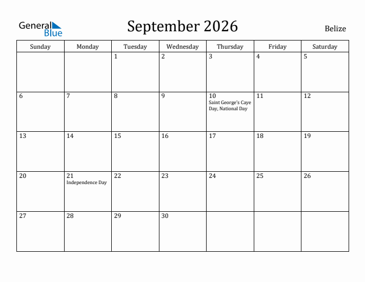 September 2026 Calendar Belize