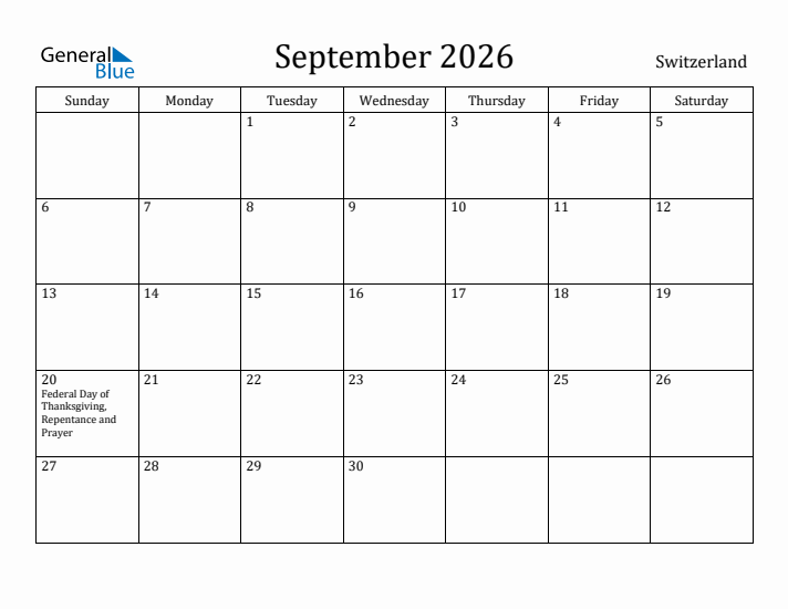 September 2026 Calendar Switzerland