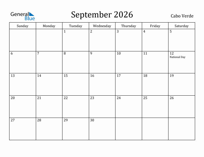 September 2026 Calendar Cabo Verde