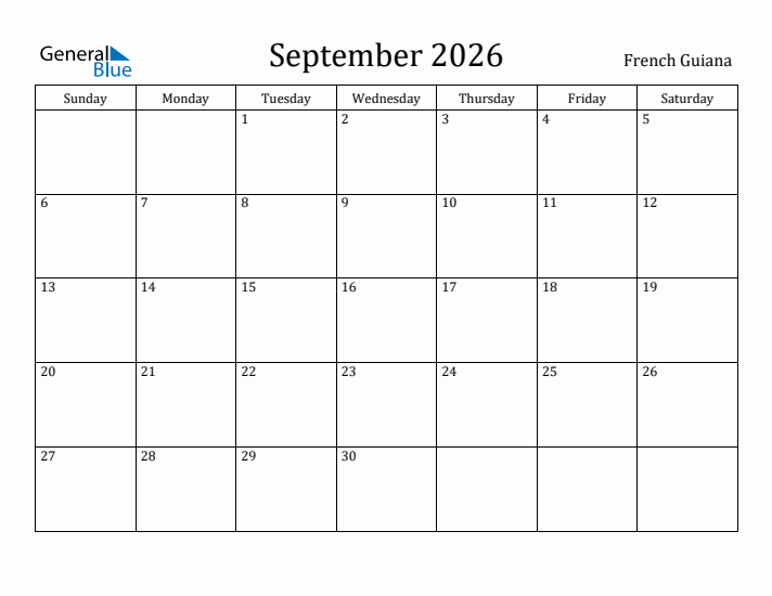 September 2026 Calendar French Guiana