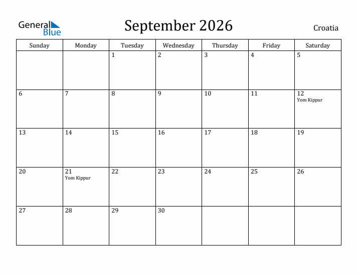 September 2026 Calendar Croatia