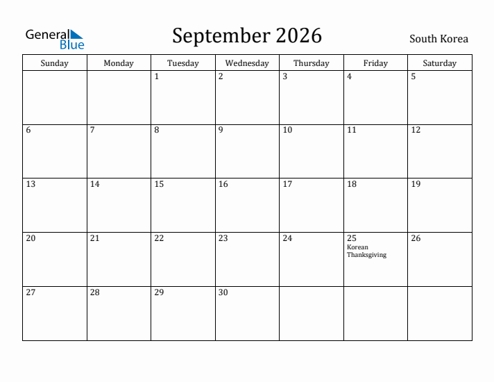September 2026 Calendar South Korea