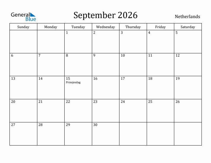 September 2026 Calendar The Netherlands