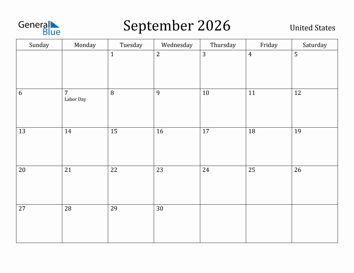 September 2026 Monthly Calendar with United States Holidays