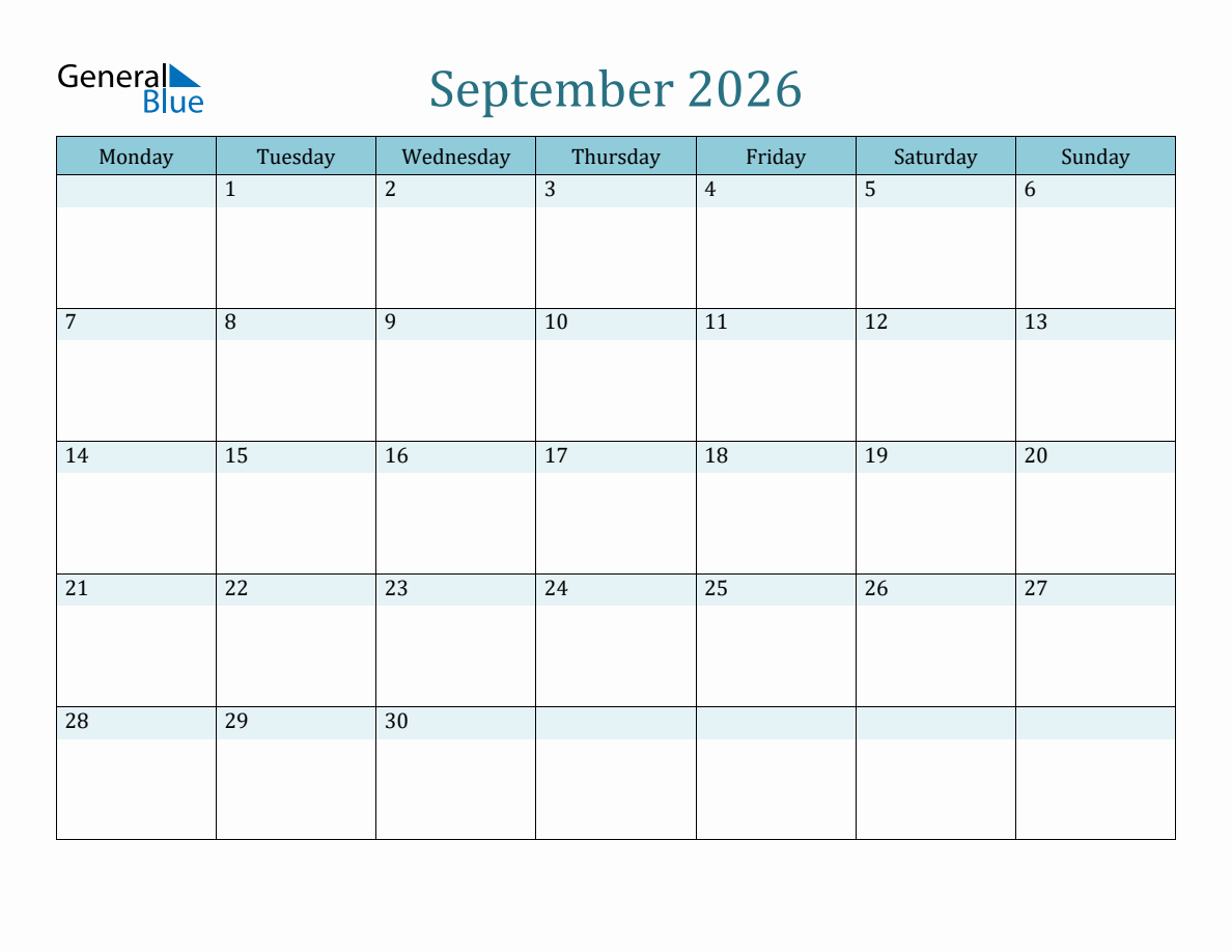 September 2026 Monthly Calendar Template (Monday Start)