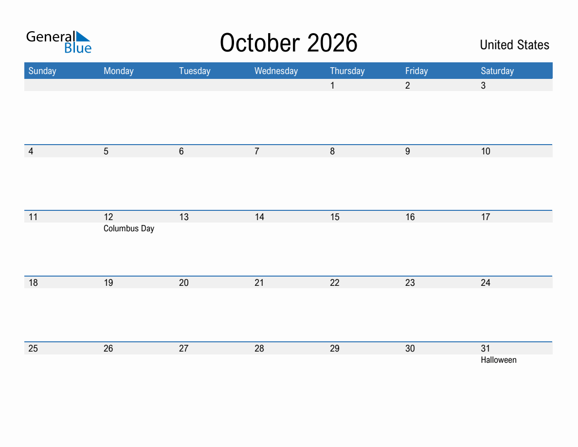 October 2026 Monthly Calendar with United States Holidays