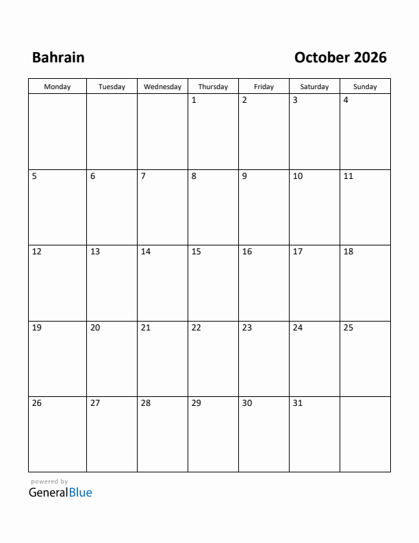 October 2026 Calendar with Bahrain Holidays