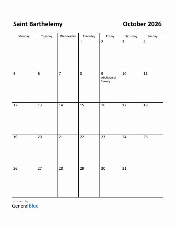 October 2026 Calendar with Saint Barthelemy Holidays