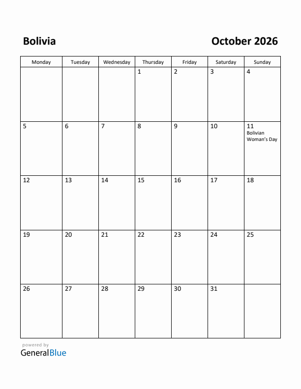 October 2026 Calendar with Bolivia Holidays