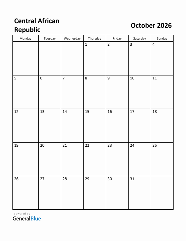 October 2026 Calendar with Central African Republic Holidays