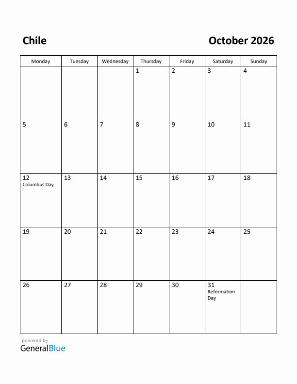 October 2026 Calendar with Chile Holidays