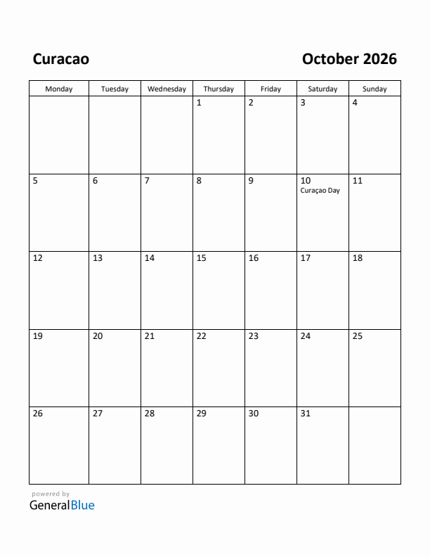 October 2026 Calendar with Curacao Holidays