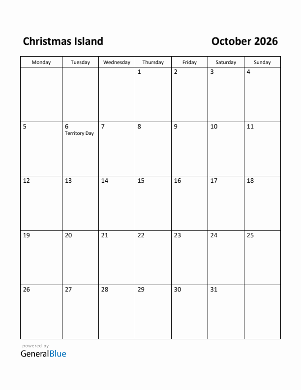 October 2026 Calendar with Christmas Island Holidays