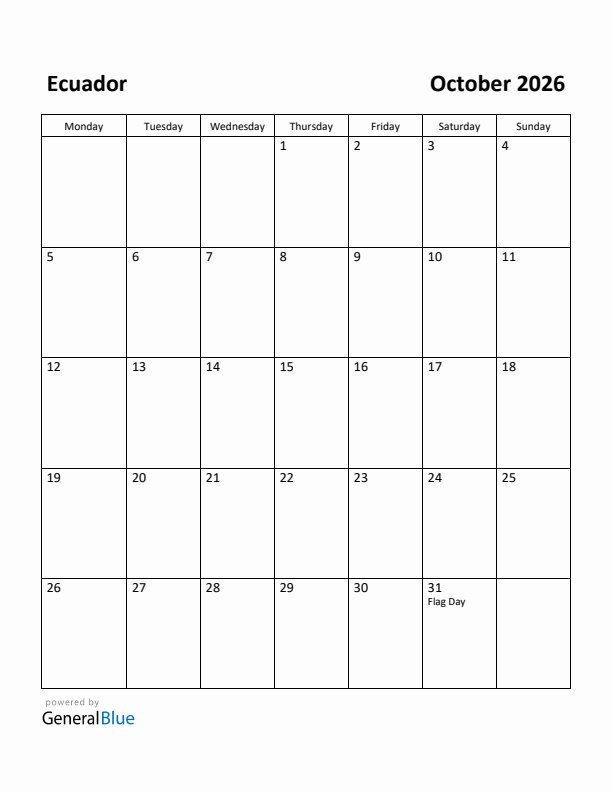 October 2026 Calendar with Ecuador Holidays