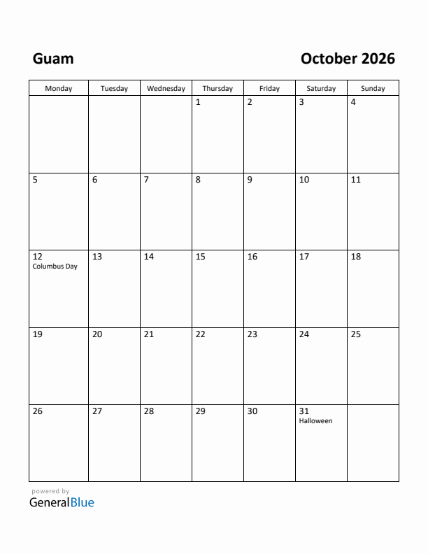 October 2026 Calendar with Guam Holidays