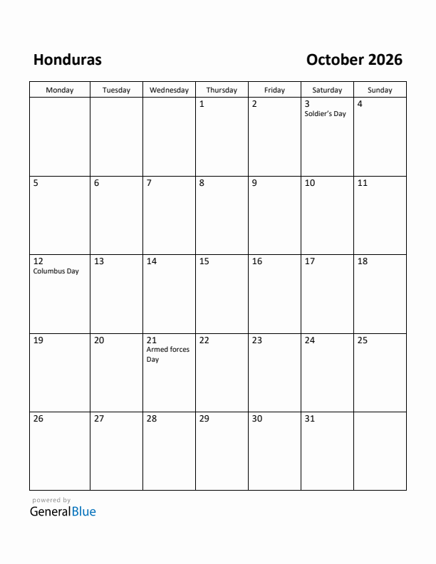 October 2026 Calendar with Honduras Holidays