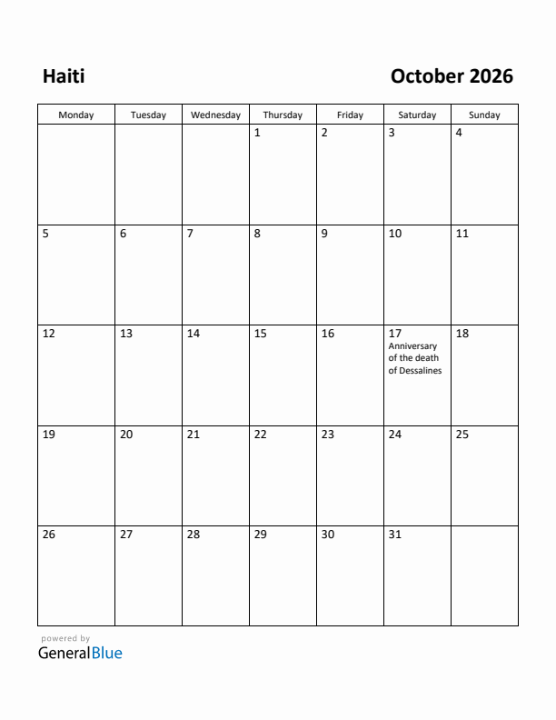October 2026 Calendar with Haiti Holidays