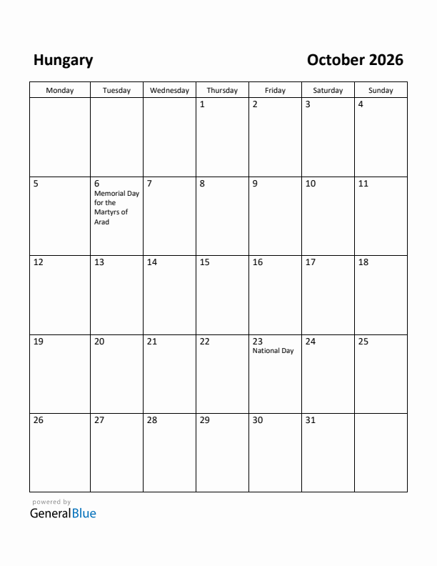 October 2026 Calendar with Hungary Holidays