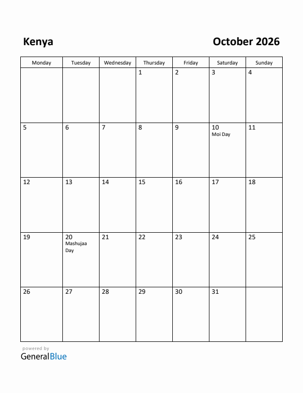 October 2026 Calendar with Kenya Holidays