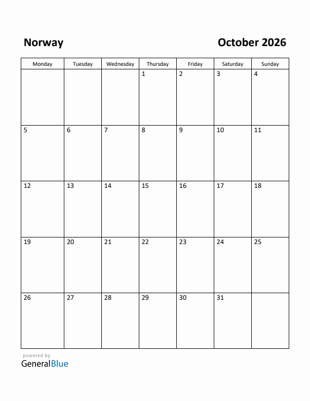 October 2026 Calendar with Norway Holidays