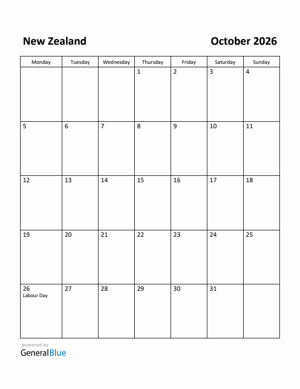 October 2026 Calendar with New Zealand Holidays