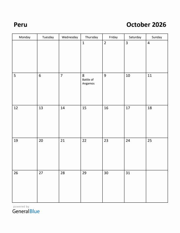 October 2026 Calendar with Peru Holidays