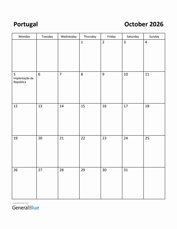 October 2026 Calendar with Portugal Holidays