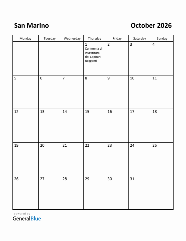 October 2026 Calendar with San Marino Holidays