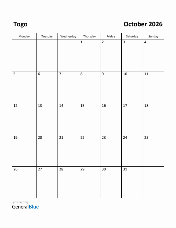 October 2026 Calendar with Togo Holidays
