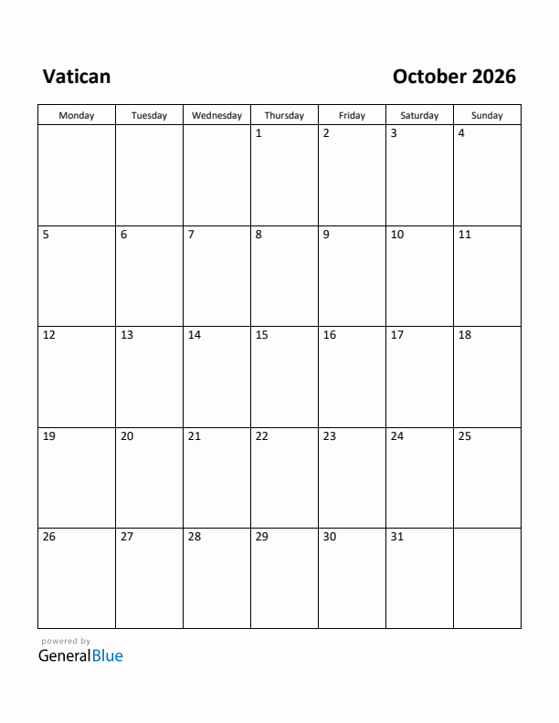 October 2026 Calendar with Vatican Holidays