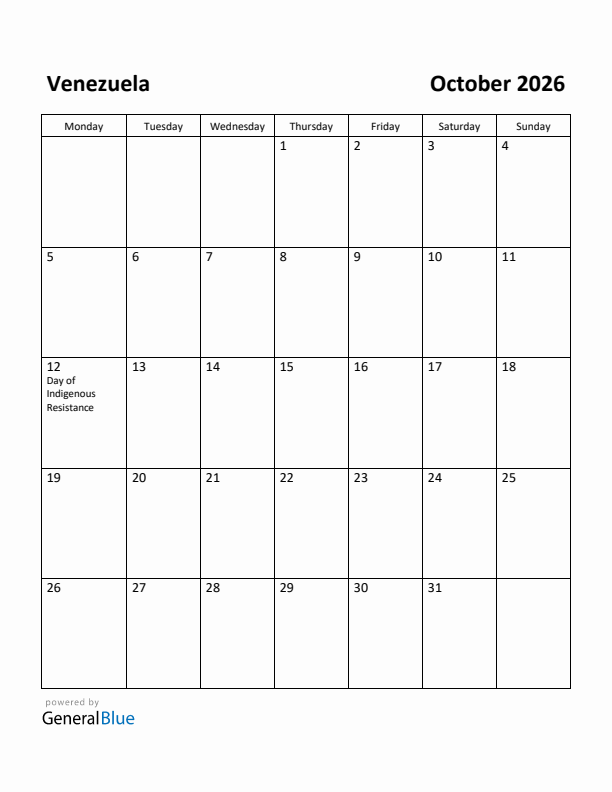 October 2026 Calendar with Venezuela Holidays