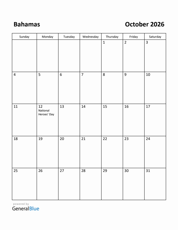 October 2026 Calendar with Bahamas Holidays