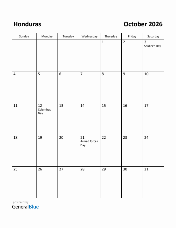 October 2026 Calendar with Honduras Holidays
