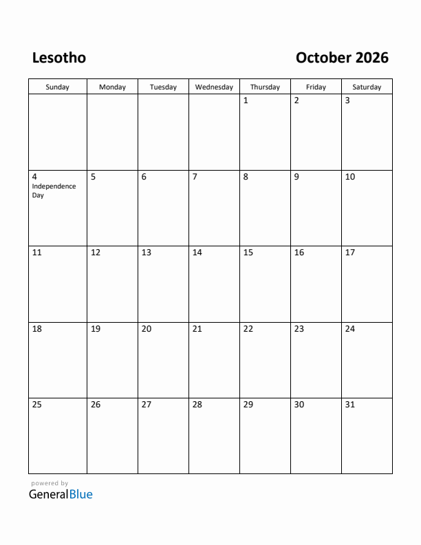 October 2026 Calendar with Lesotho Holidays
