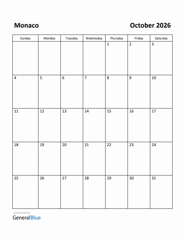 October 2026 Calendar with Monaco Holidays