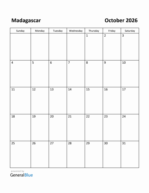 October 2026 Calendar with Madagascar Holidays
