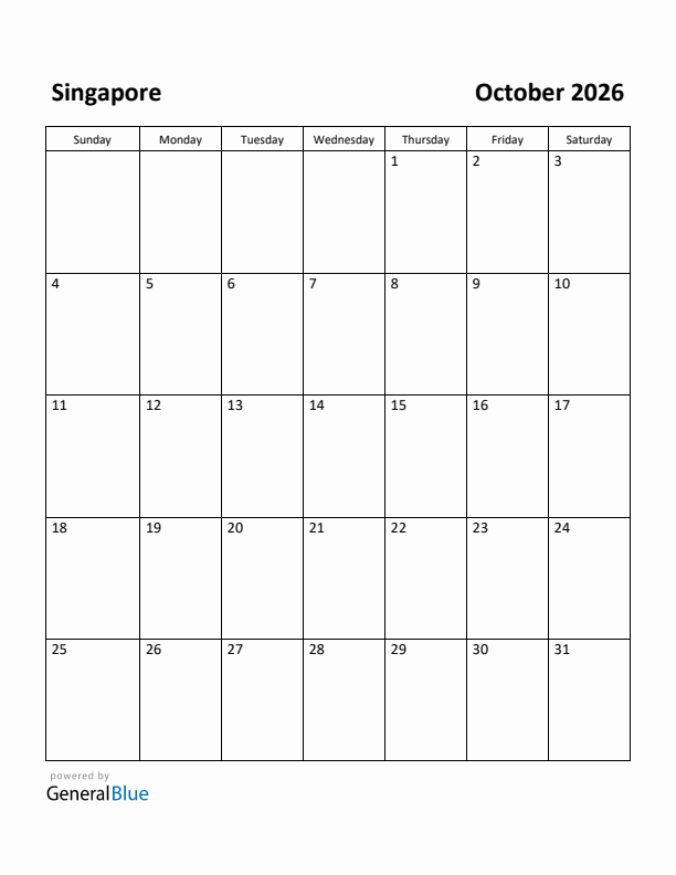 October 2026 Calendar with Singapore Holidays