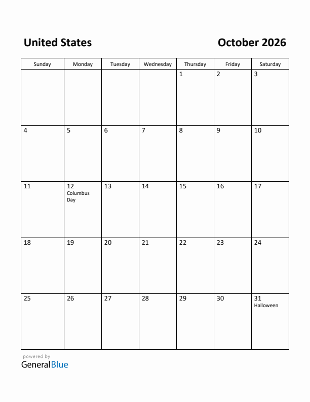October 2026 Calendar with United States Holidays
