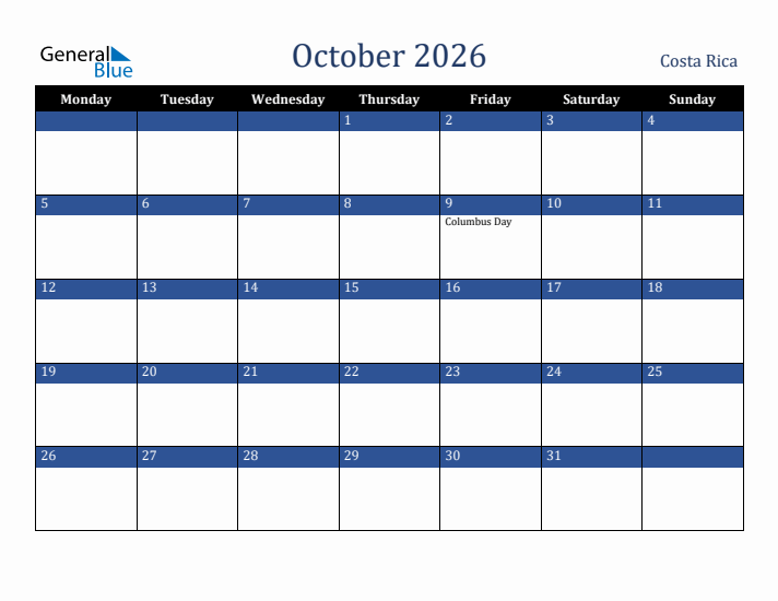 October 2026 Costa Rica Calendar (Monday Start)