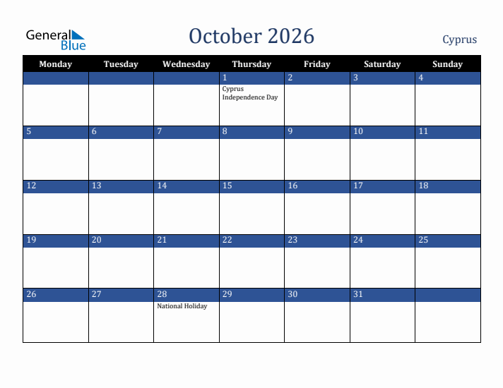 October 2026 Cyprus Calendar (Monday Start)