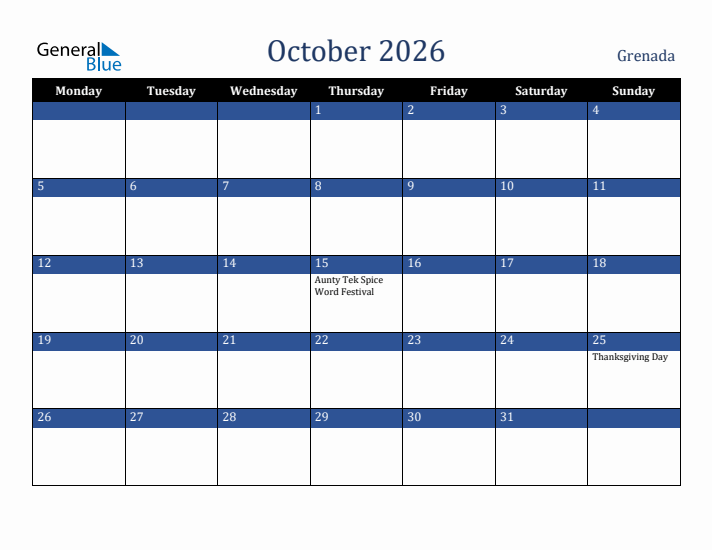 October 2026 Grenada Calendar (Monday Start)