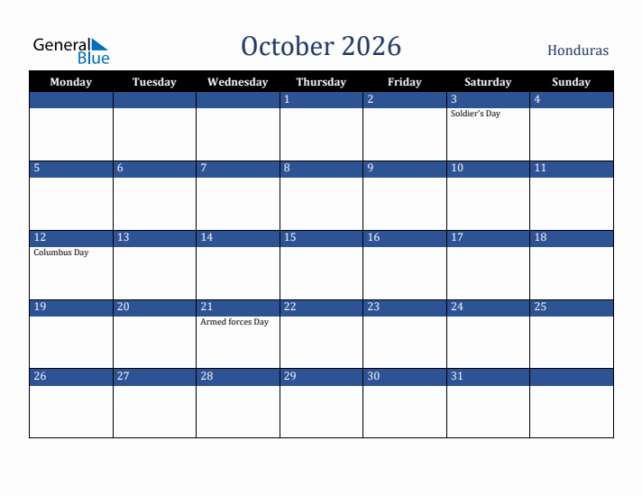 October 2026 Honduras Calendar (Monday Start)