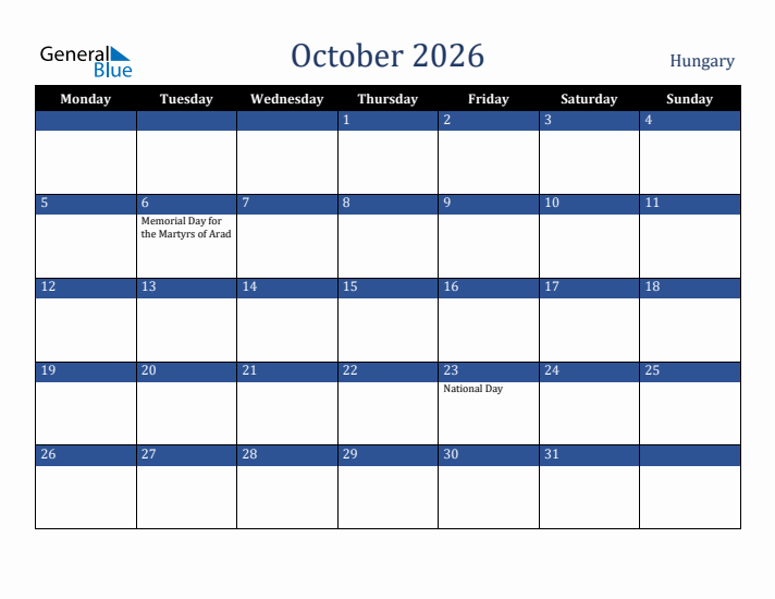 October 2026 Hungary Calendar (Monday Start)