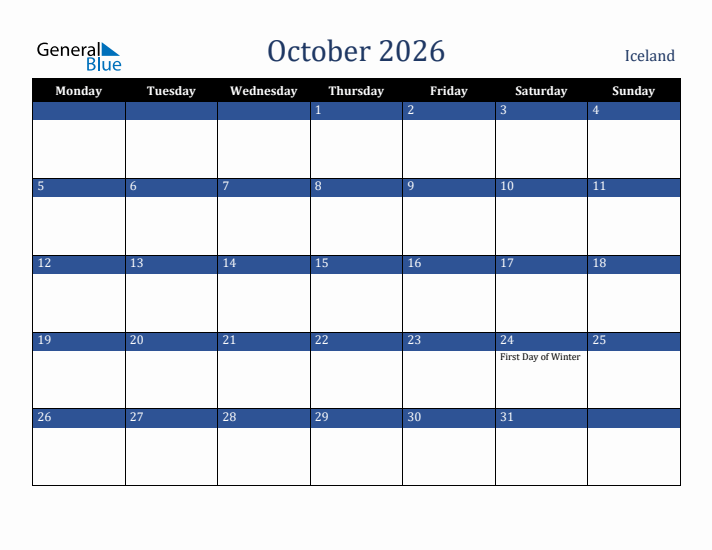 October 2026 Iceland Calendar (Monday Start)