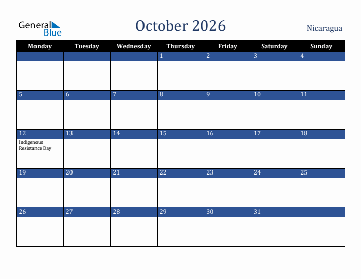 October 2026 Nicaragua Calendar (Monday Start)