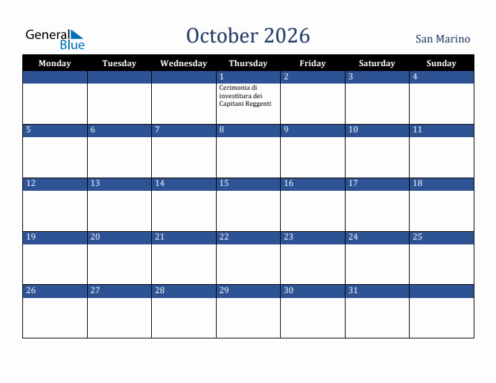 October 2026 San Marino Calendar (Monday Start)