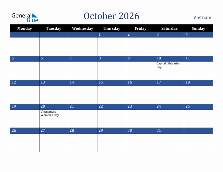 October 2026 Vietnam Calendar (Monday Start)
